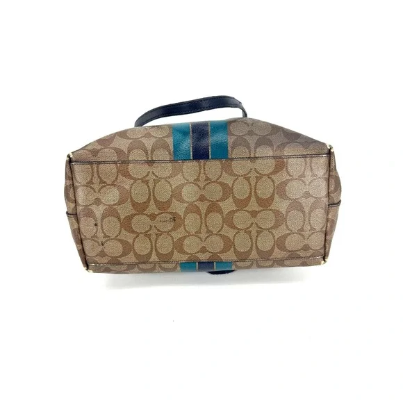 Coach City Tote Signature Canvas Varsity Stripe Brown Teal Navy Zip Top Bag - Picture 3 of 9